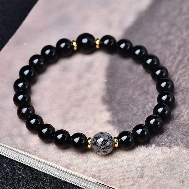 Black Obsidian & Black Rutilated Quartz Bracelet – Grounding Protection Crystal Jewelry
