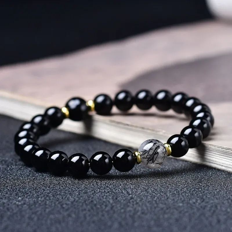 Black Obsidian & Black Rutilated Quartz Bracelet – Grounding Protection Crystal Jewelry