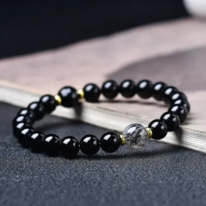 Black Obsidian & Black Rutilated Quartz Bracelet – Grounding Protection Crystal Jewelry