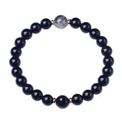 Black Obsidian & Black Rutilated Quartz Bracelet – Grounding Protection Crystal Jewelry