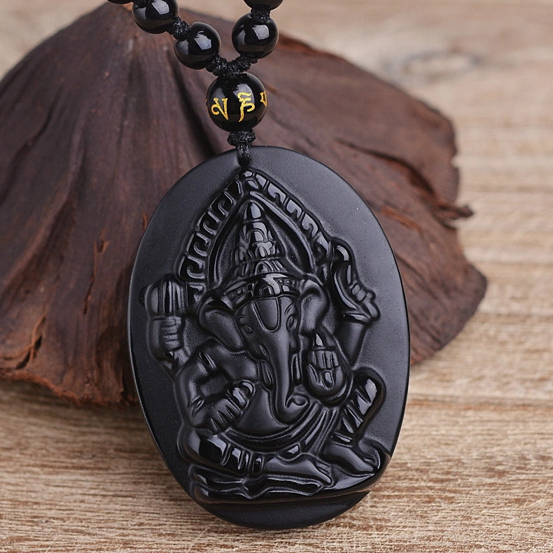 Black Obsidian Ganesha Pendant – Hindu Elephant God Amulet for Protection & Prosperity