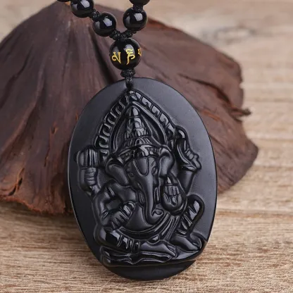 Black Obsidian Ganesha Pendant – Hindu Elephant God Amulet for Protection & Prosperity
