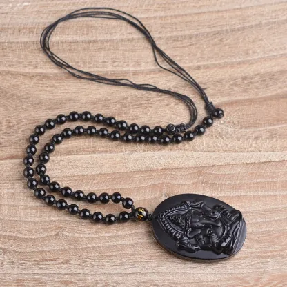 Black Obsidian Ganesha Pendant – Hindu Elephant God Amulet for Protection & Prosperity