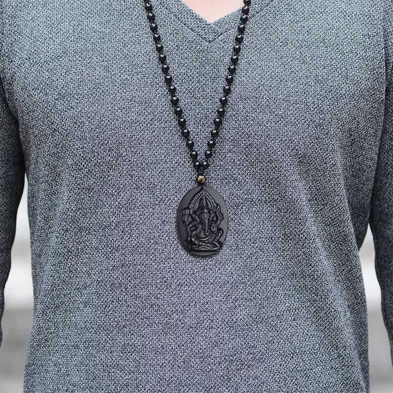Black Obsidian Ganesha Pendant – Hindu Elephant God Amulet for Protection & Prosperity