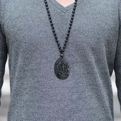 Black Obsidian Ganesha Pendant – Hindu Elephant God Amulet for Protection & Prosperity