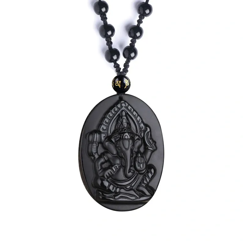 Black Obsidian Ganesha Pendant – Hindu Elephant God Amulet for Protection & Prosperity