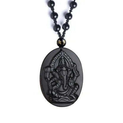 Black Obsidian Ganesha Pendant – Hindu Elephant God Amulet for Protection & Prosperity