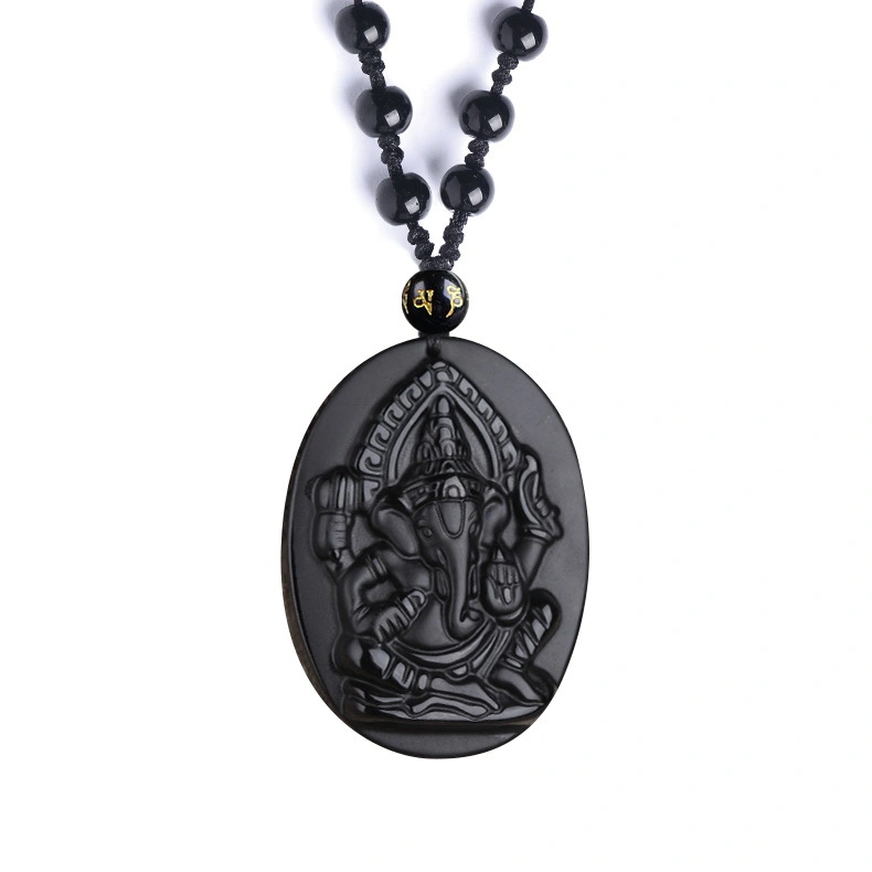 Black Obsidian Ganesha Pendant – Hindu Elephant God Amulet for Protection & Prosperity