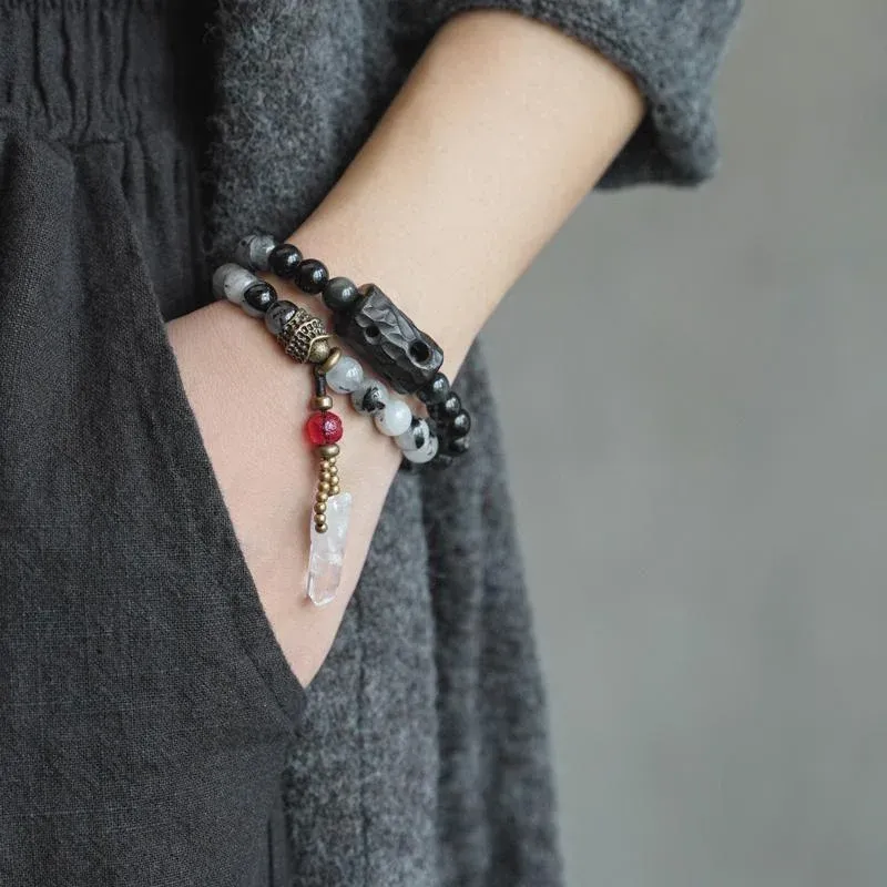 Black Rutilated Quartz & Ebony Wood Double-Wrap Bracelet – Grounding and Protection Crystal Jewelry