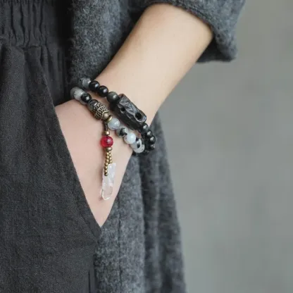 Black Rutilated Quartz & Ebony Wood Double-Wrap Bracelet – Grounding and Protection Crystal Jewelry