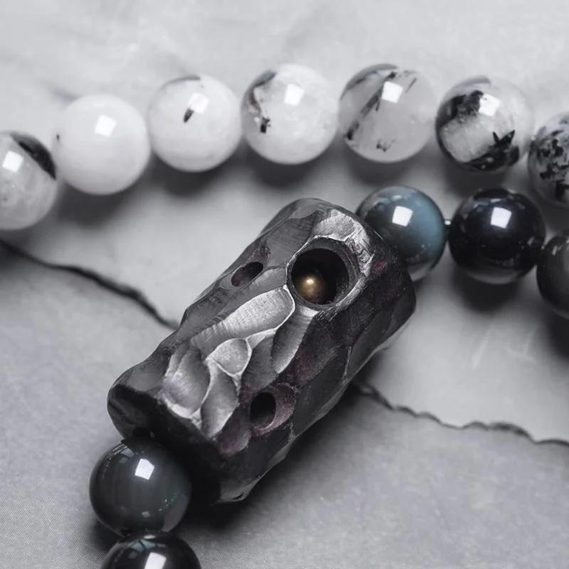 Black Rutilated Quartz & Ebony Wood Double-Wrap Bracelet – Grounding and Protection Crystal Jewelry