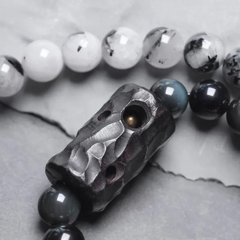 Black Rutilated Quartz & Ebony Wood Double-Wrap Bracelet – Grounding and Protection Crystal Jewelry