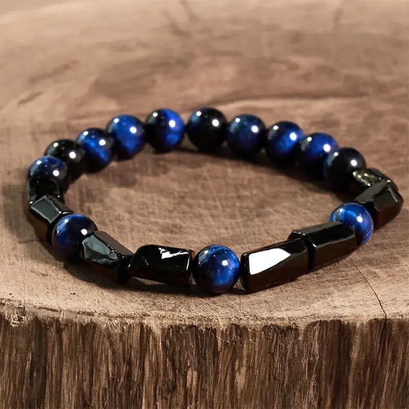 Blue Tiger Eye & Obsidian Geometric Bracelet – Calm Focus, Confidence & Protection