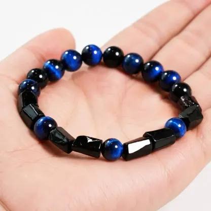 Blue Tiger Eye & Obsidian Geometric Bracelet – Calm Focus, Confidence & Protection