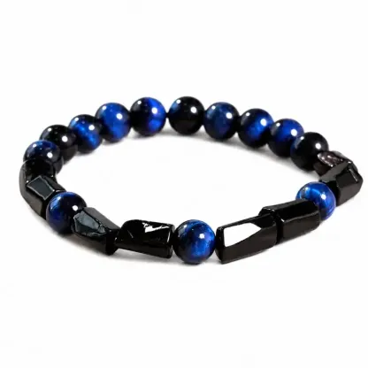 Blue Tiger Eye & Obsidian Geometric Bracelet – Calm Focus, Confidence & Protection