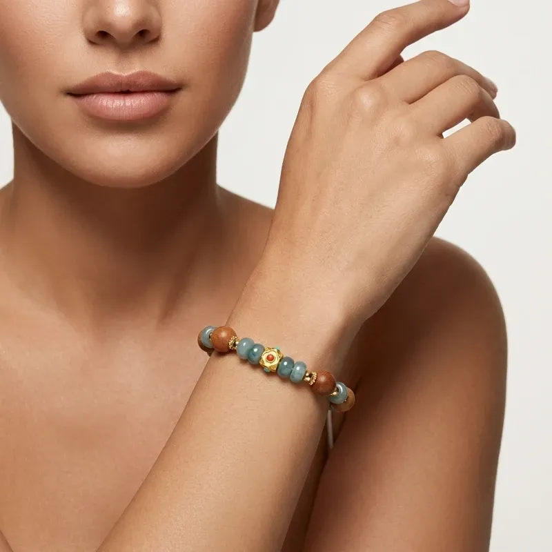 Blue Water Jade & Sandalwood Bracelet – Inner Peace & Timeless Elegance