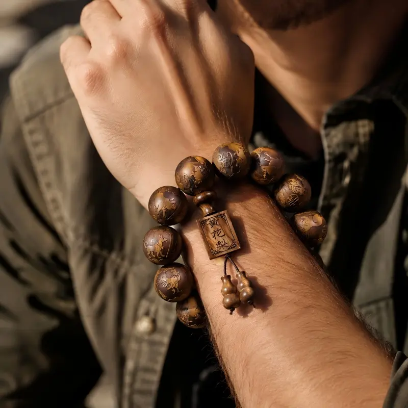 Carved Huanghuali Wood Bracelet with 12 Chinese Zodiac Animals – Protection, Harmony & Enduring Fortune