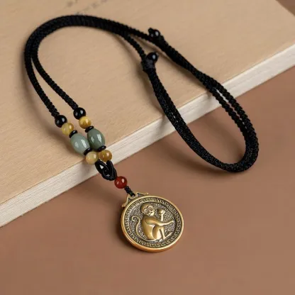 Chinese Zodiac Fu Coin Gemstone Pendant Necklace – Good Fortune, Protection & Prosperity