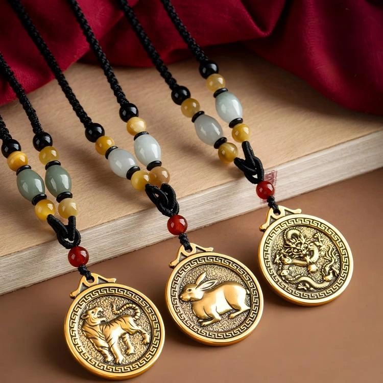 Chinese Zodiac Fu Coin Gemstone Pendant Necklace – Good Fortune, Protection & Prosperity