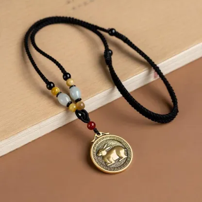 Chinese Zodiac Fu Coin Gemstone Pendant Necklace – Good Fortune, Protection & Prosperity