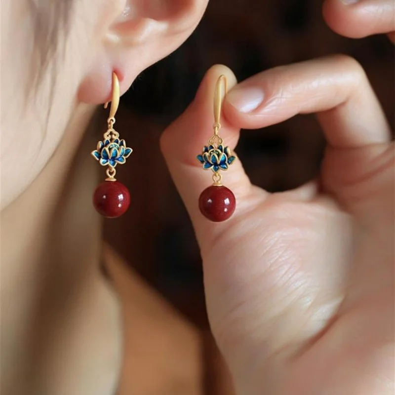 Cinnabar 925 Sterling Silver Enamel Lotus Drop Earrings