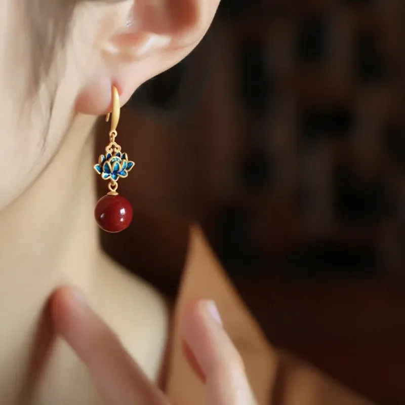 Cinnabar 925 Sterling Silver Enamel Lotus Drop Earrings