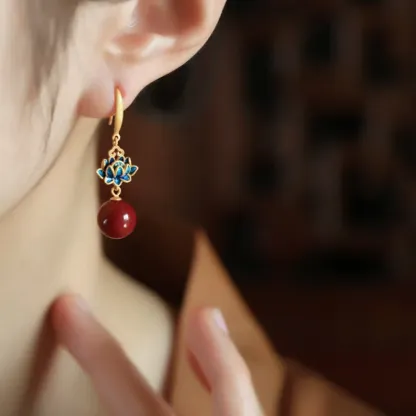 Cinnabar 925 Sterling Silver Enamel Lotus Drop Earrings