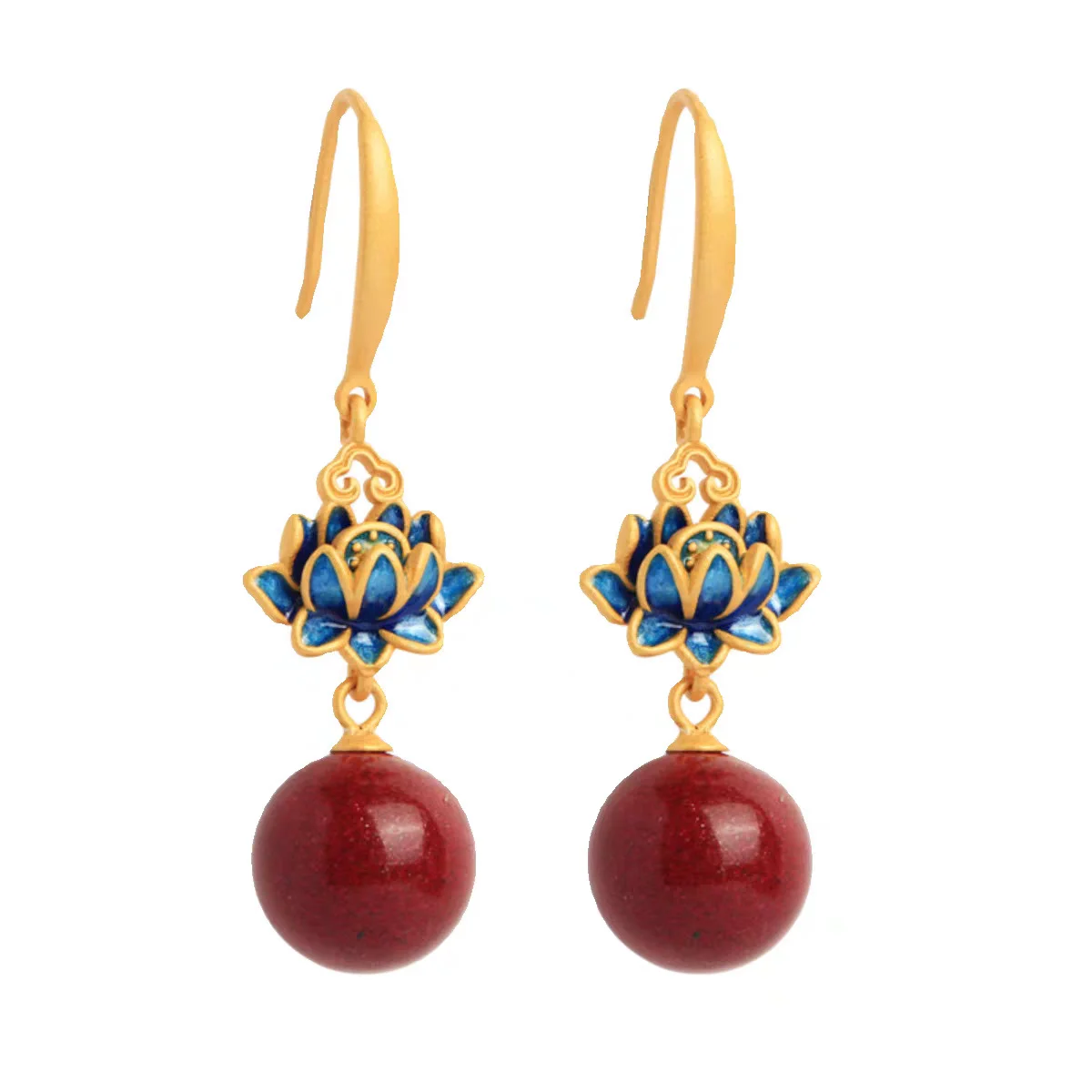 Cinnabar 925 Sterling Silver Enamel Lotus Drop Earrings