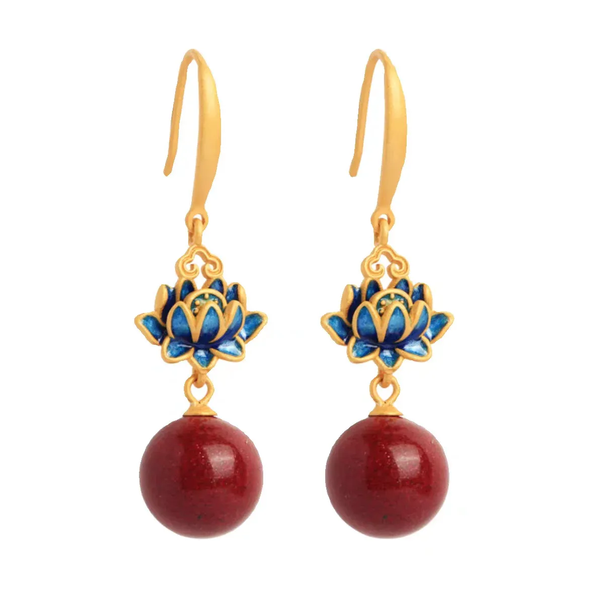 Cinnabar 925 Sterling Silver Enamel Lotus Drop Earrings
