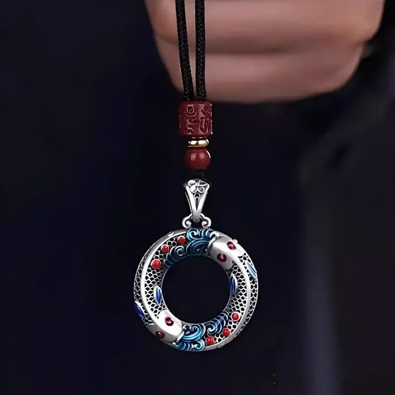 Colorful Copper Koi Fish Peace Buckle Pendant Necklace with Cinnabar Accents – Safety, Abundance & Harmonious Flow