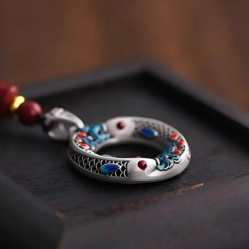Colorful Copper Koi Fish Peace Buckle Pendant Necklace with Cinnabar Accents – Safety, Abundance & Harmonious Flow