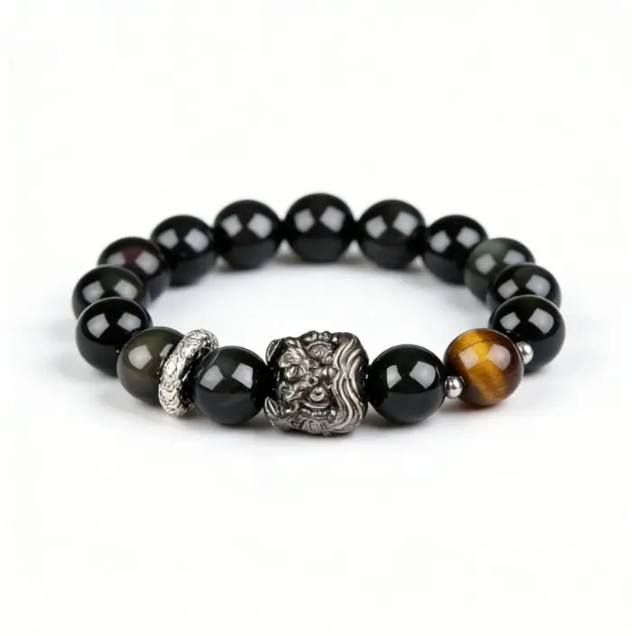 Courage-Awakening Lion Black Obsidian Tiger's Eye Bracelet - The Shield of Bold Fortune