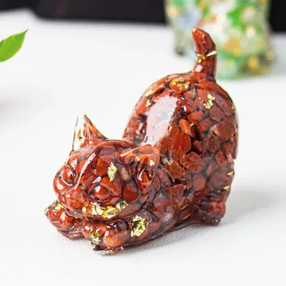 Crystal Chip Cat Figurine – Resin Feng Shui Decor in 15 Gemstone Options