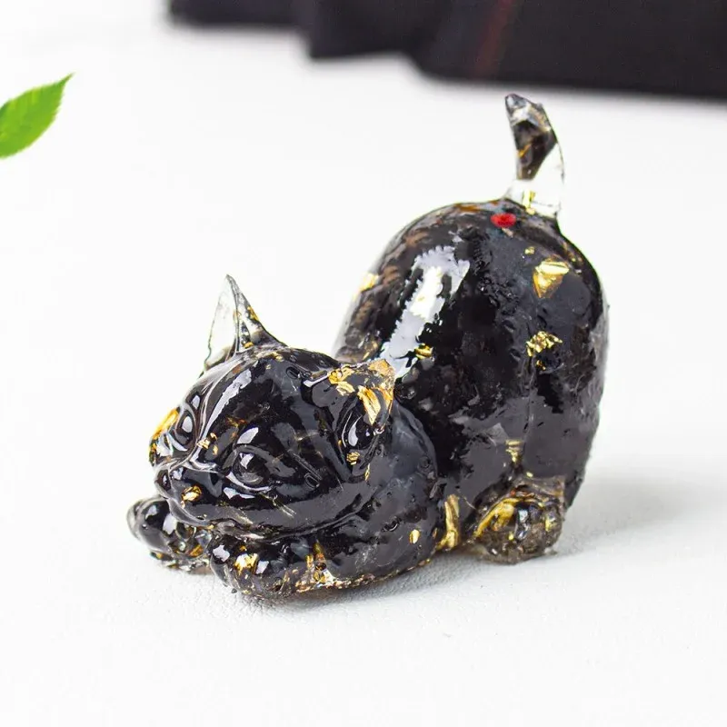 Crystal Chip Cat Figurine – Resin Feng Shui Decor in 15 Gemstone Options