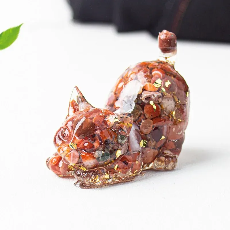 Crystal Chip Cat Figurine – Resin Feng Shui Decor in 15 Gemstone Options