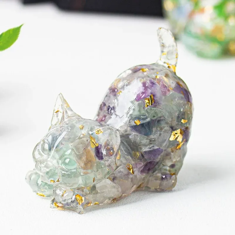 Crystal Chip Cat Figurine – Resin Feng Shui Decor in 15 Gemstone Options
