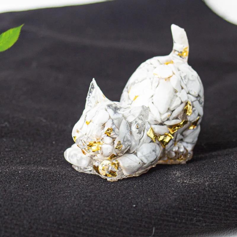 Crystal Chip Cat Figurine – Resin Feng Shui Decor in 15 Gemstone Options