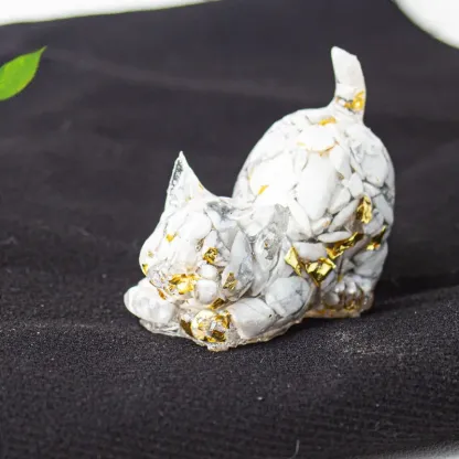 Crystal Chip Cat Figurine – Resin Feng Shui Decor in 15 Gemstone Options