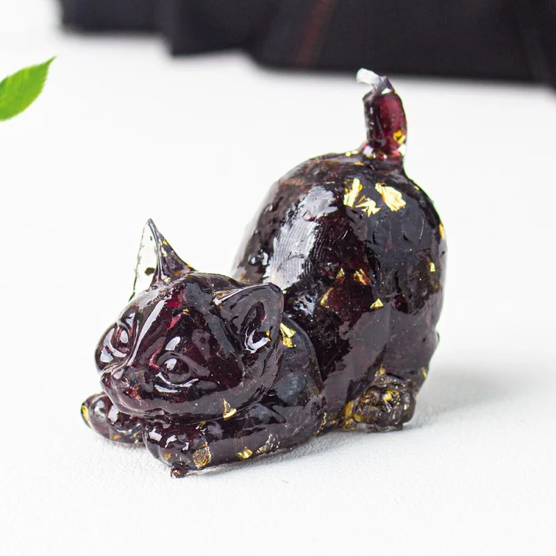 Crystal Chip Cat Figurine – Resin Feng Shui Decor in 15 Gemstone Options