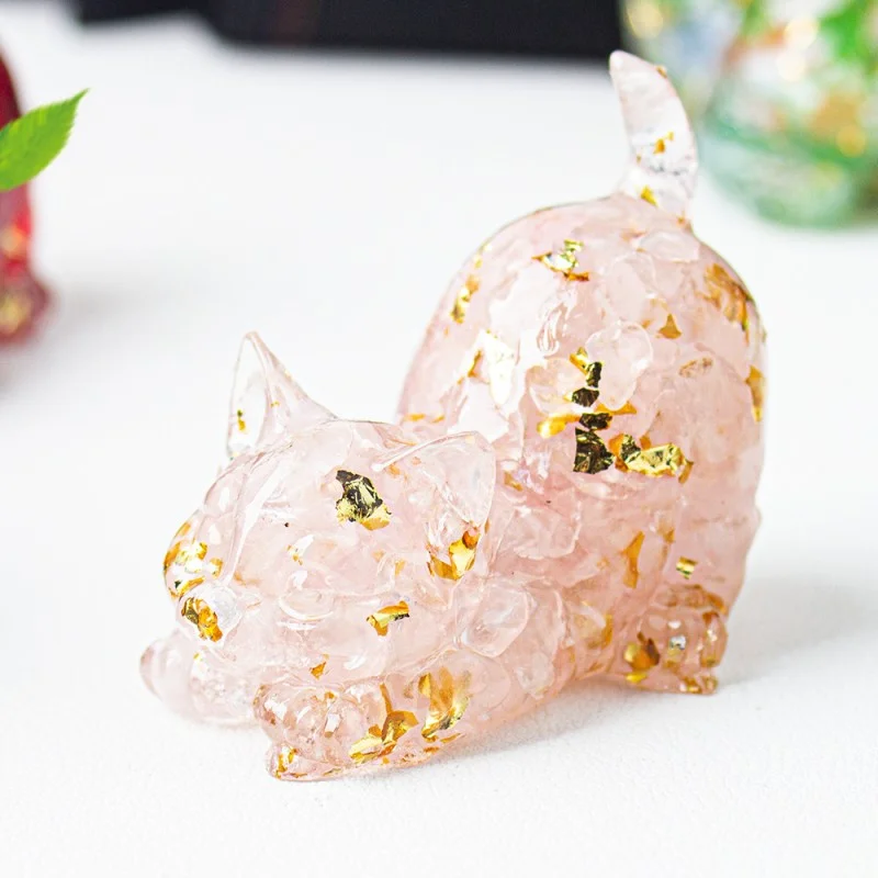 Crystal Chip Cat Figurine – Resin Feng Shui Decor in 15 Gemstone Options