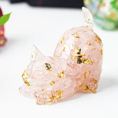 Crystal Chip Cat Figurine – Resin Feng Shui Decor in 15 Gemstone Options