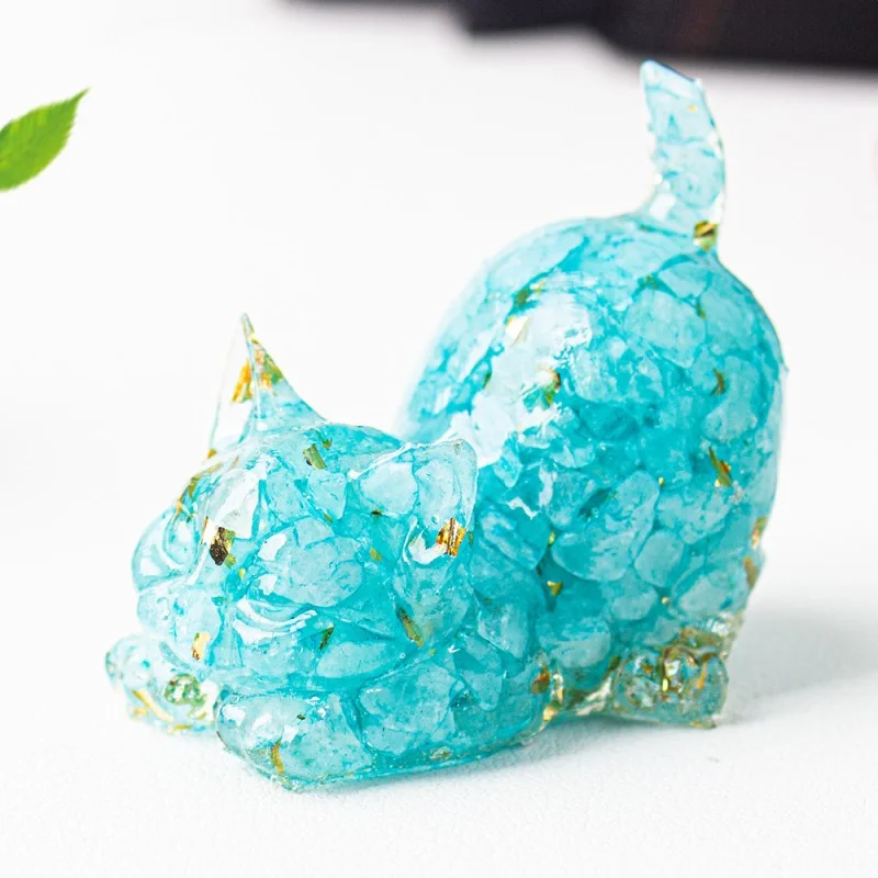 Crystal Chip Cat Figurine – Resin Feng Shui Decor in 15 Gemstone Options
