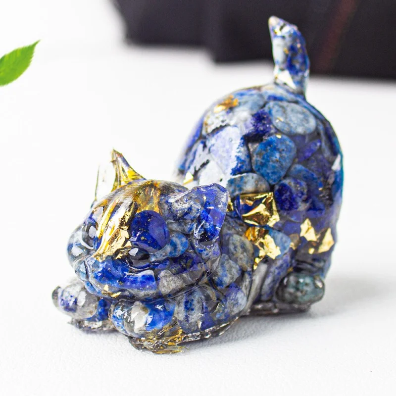 Crystal Chip Cat Figurine – Resin Feng Shui Decor in 15 Gemstone Options