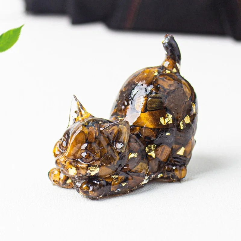 Crystal Chip Cat Figurine – Resin Feng Shui Decor in 15 Gemstone Options