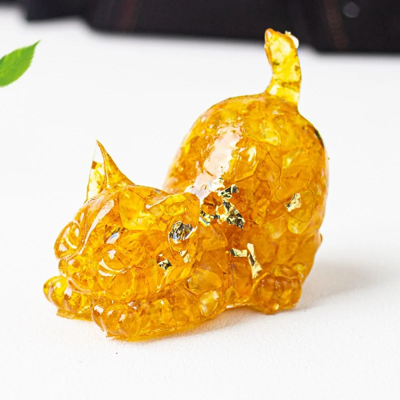 Crystal Chip Cat Figurine – Resin Feng Shui Decor in 15 Gemstone Options