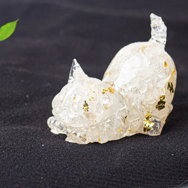 Crystal Chip Cat Figurine – Resin Feng Shui Decor in 15 Gemstone Options