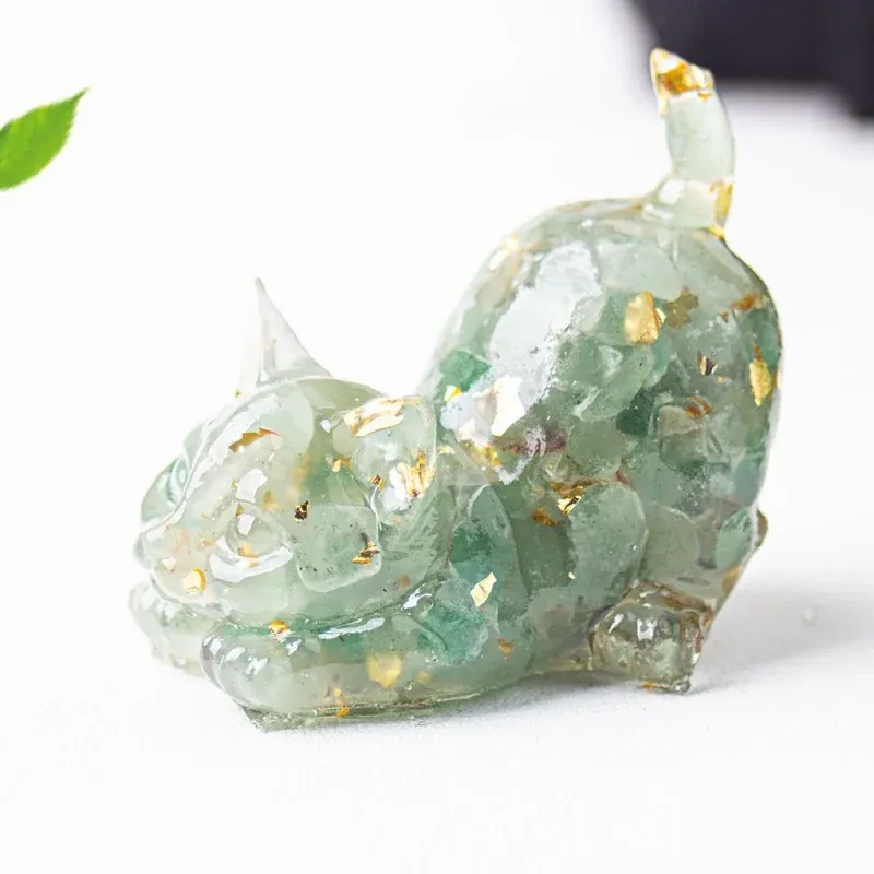 Crystal Chip Cat Figurine – Resin Feng Shui Decor in 15 Gemstone Options