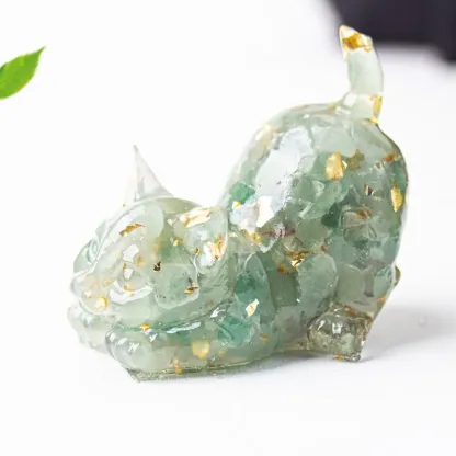 Crystal Chip Cat Figurine – Resin Feng Shui Decor in 15 Gemstone Options
