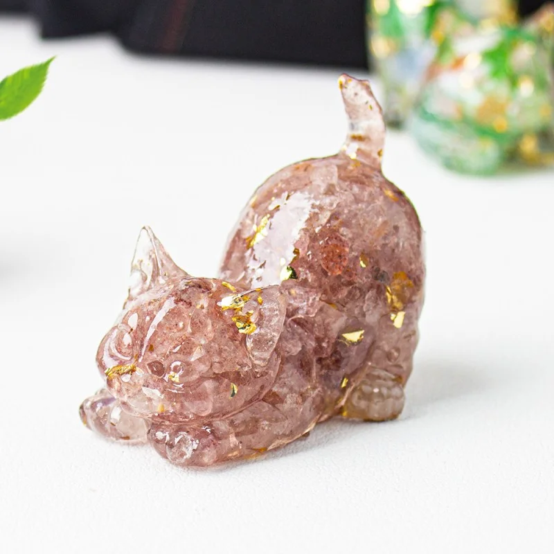 Crystal Chip Cat Figurine – Resin Feng Shui Decor in 15 Gemstone Options