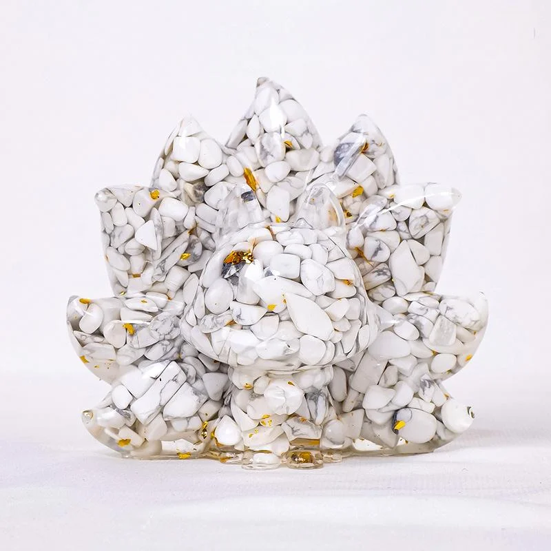 Crystal Chip Nine-Tailed Fox Figurine – Resin Feng Shui Decor in 7 Gemstone Options